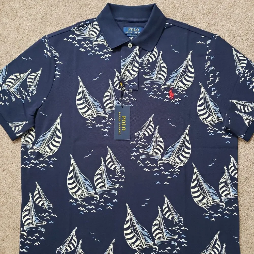 NWT Polo Ralph Lauren Newport Sailboats Size Medium Classic Fit Mens Navy Polo